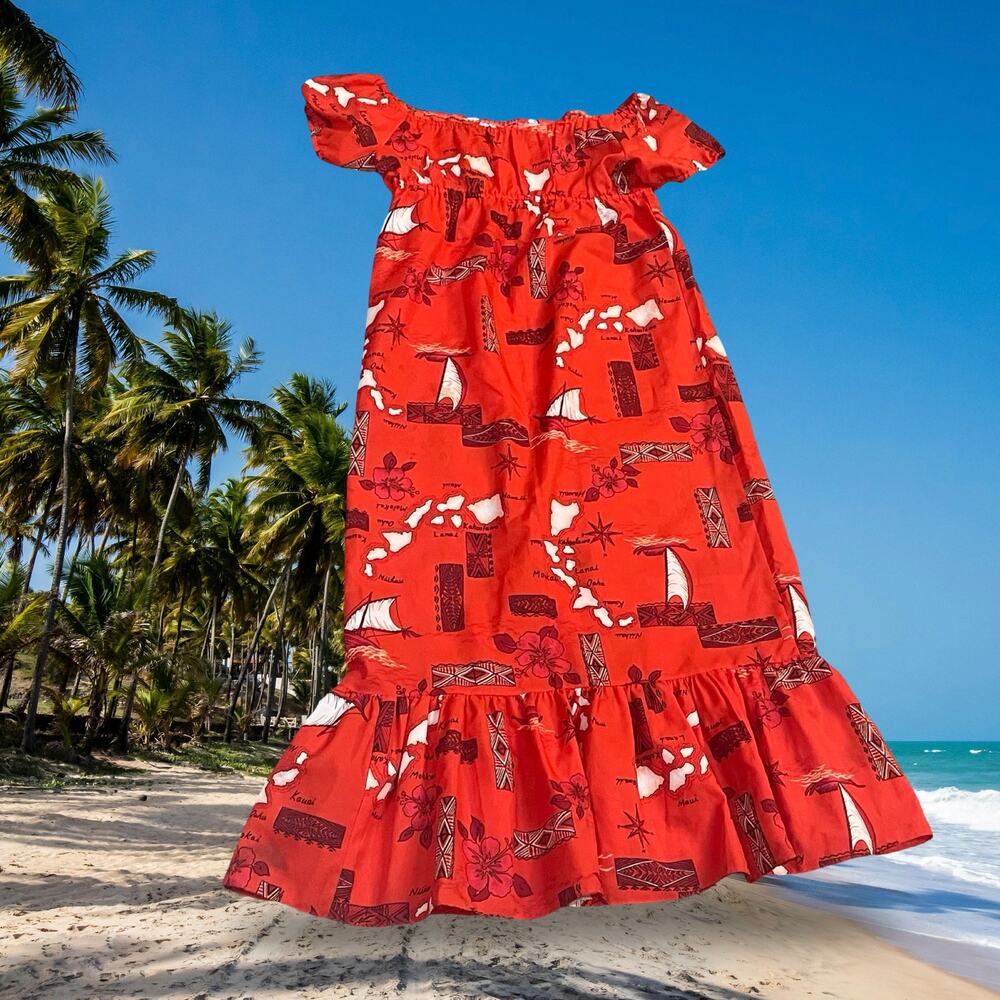 Hawaii Island Map Sailboat Mu'umu'u Dress VTG BJ&J Mfg Aloha Red Midi 12 USA
